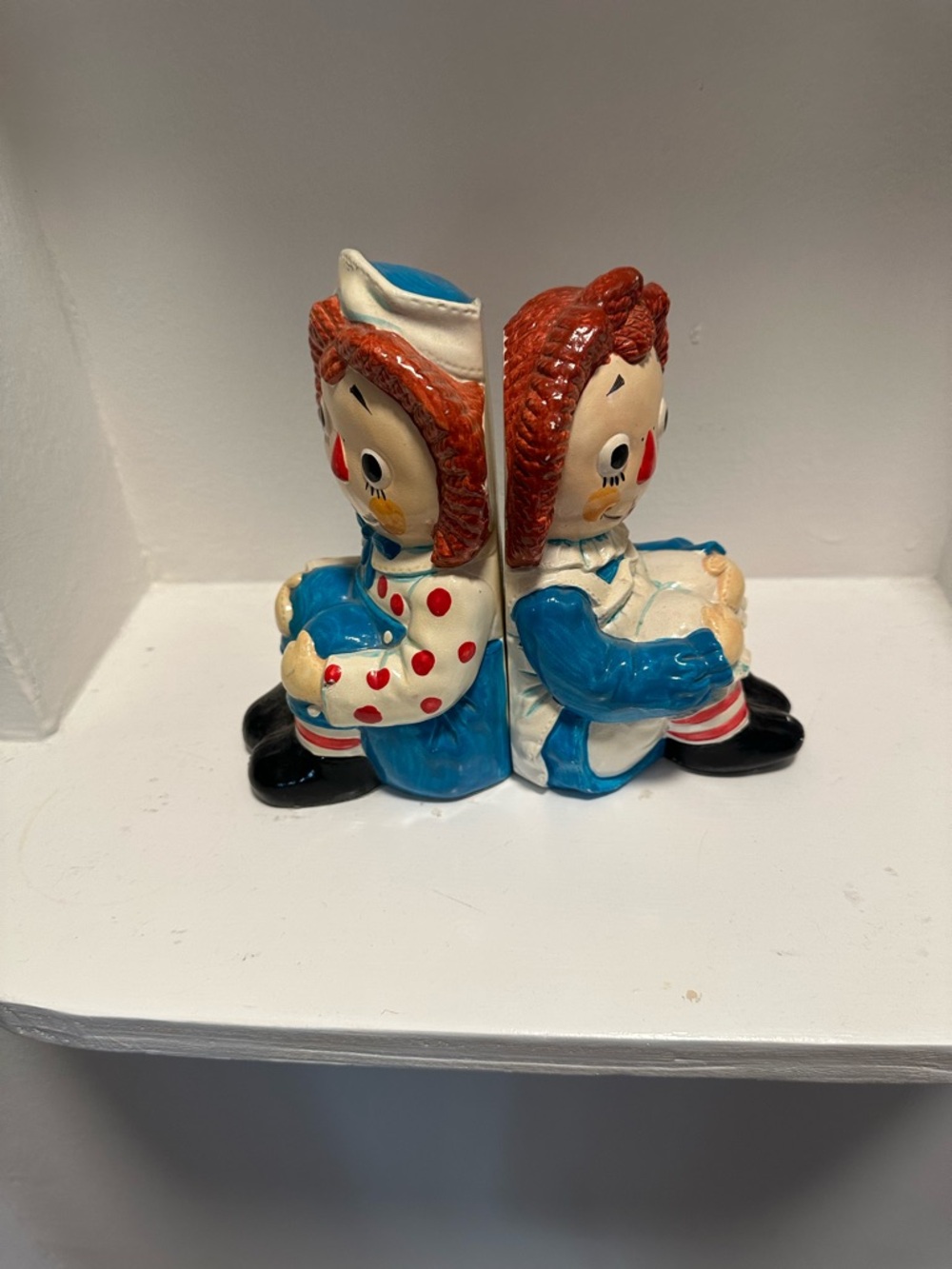 Vintage Ceramic Raggedy Ann & Andy Bookends - Blue, Red, Cream